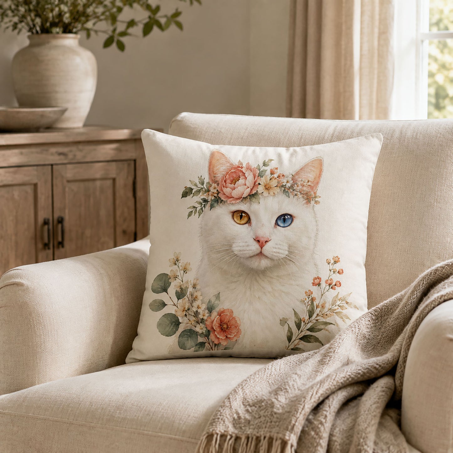 Personalized boho floral cat portrait pillow cover displayed on a neutral linen chair in an elegant, warm and timeless living space.