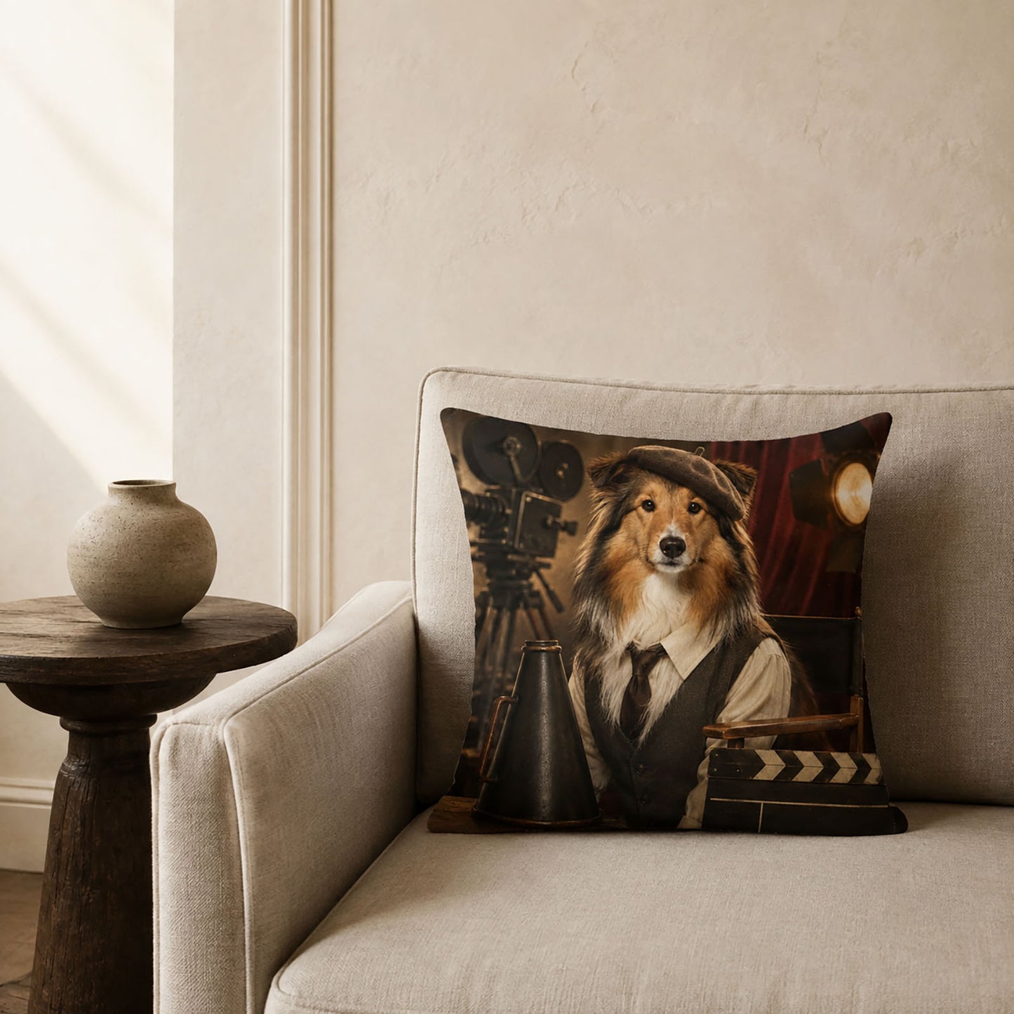 Personalized retro cinema dog portrait pillow cover displayed on a neutral sofa in an elegant living room.