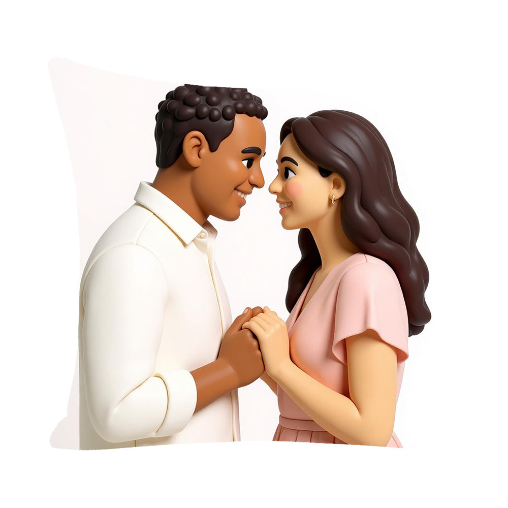 3D clay figurine style custom couple pillow, cute sculpted portrait of interracial couple holding hands, premium personalized art keepsake pillow
