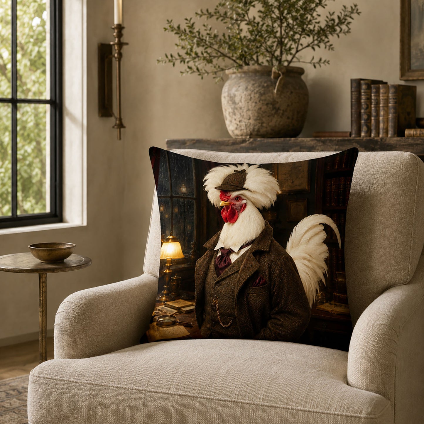 Detective rooster portrait pillow displayed on a neutral armchair in an elegant reading room as personalized farmhouse home decor.
