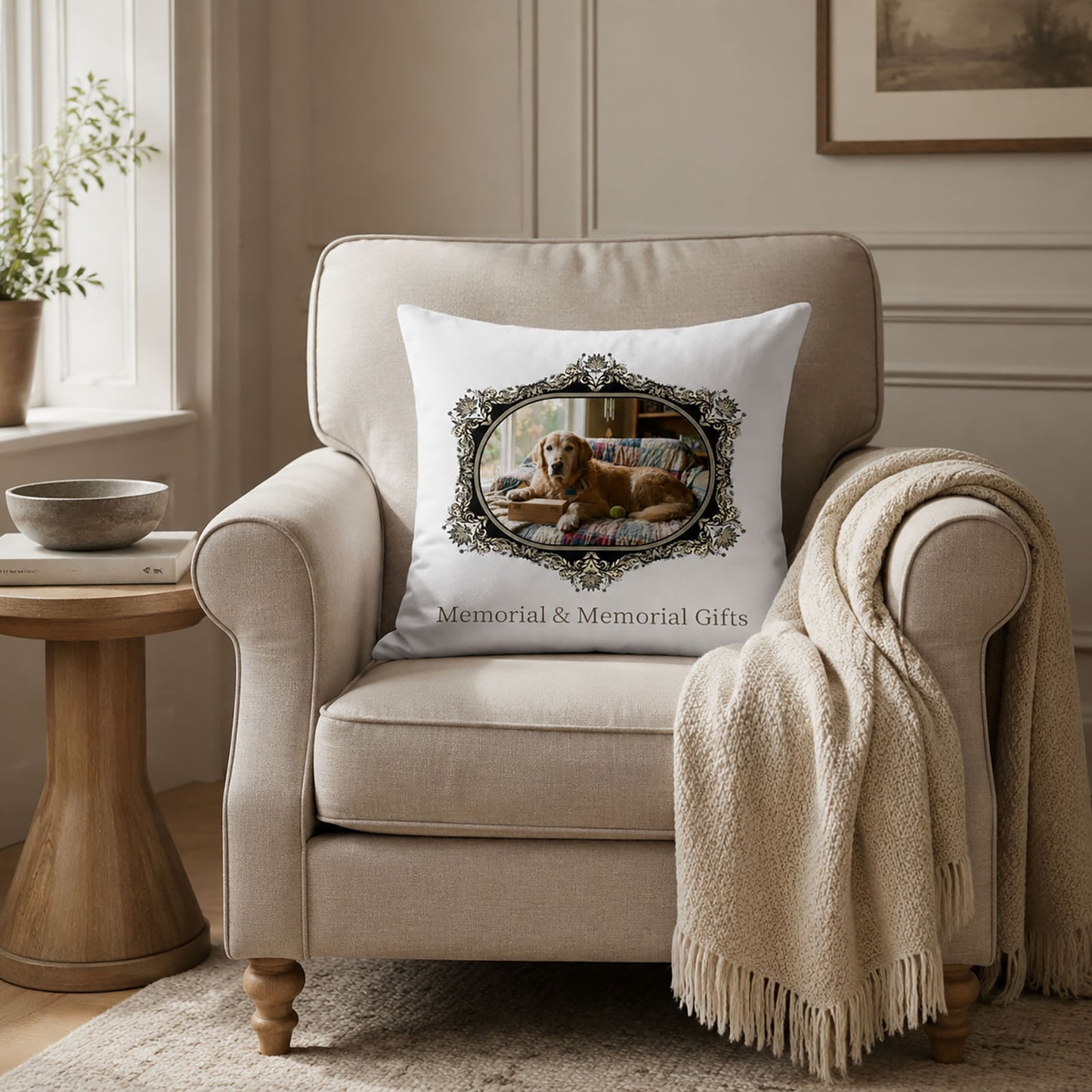 Personalized golden retriever memorial pillow cover displayed on a neutral armchair in a peaceful reading corner