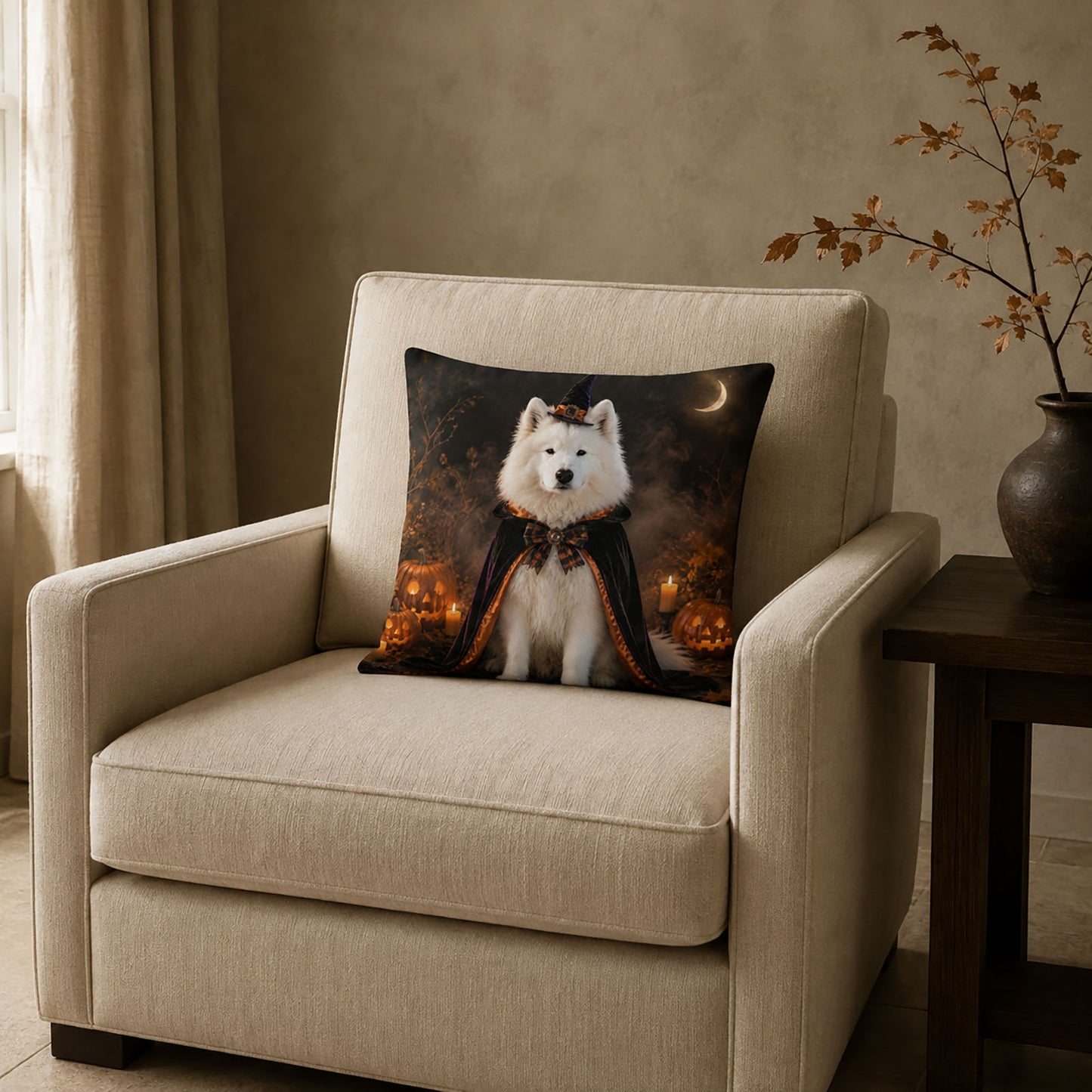 One-of-a-kind Halloween pet portrait pillow cover displayed on an elegant neutral armchair as personalized seasonal home décor