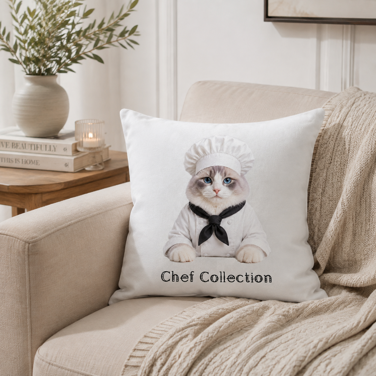 Personalized cat portrait pillow cover displayed in elegant home decor setting, custom pet artwork cushion for living room