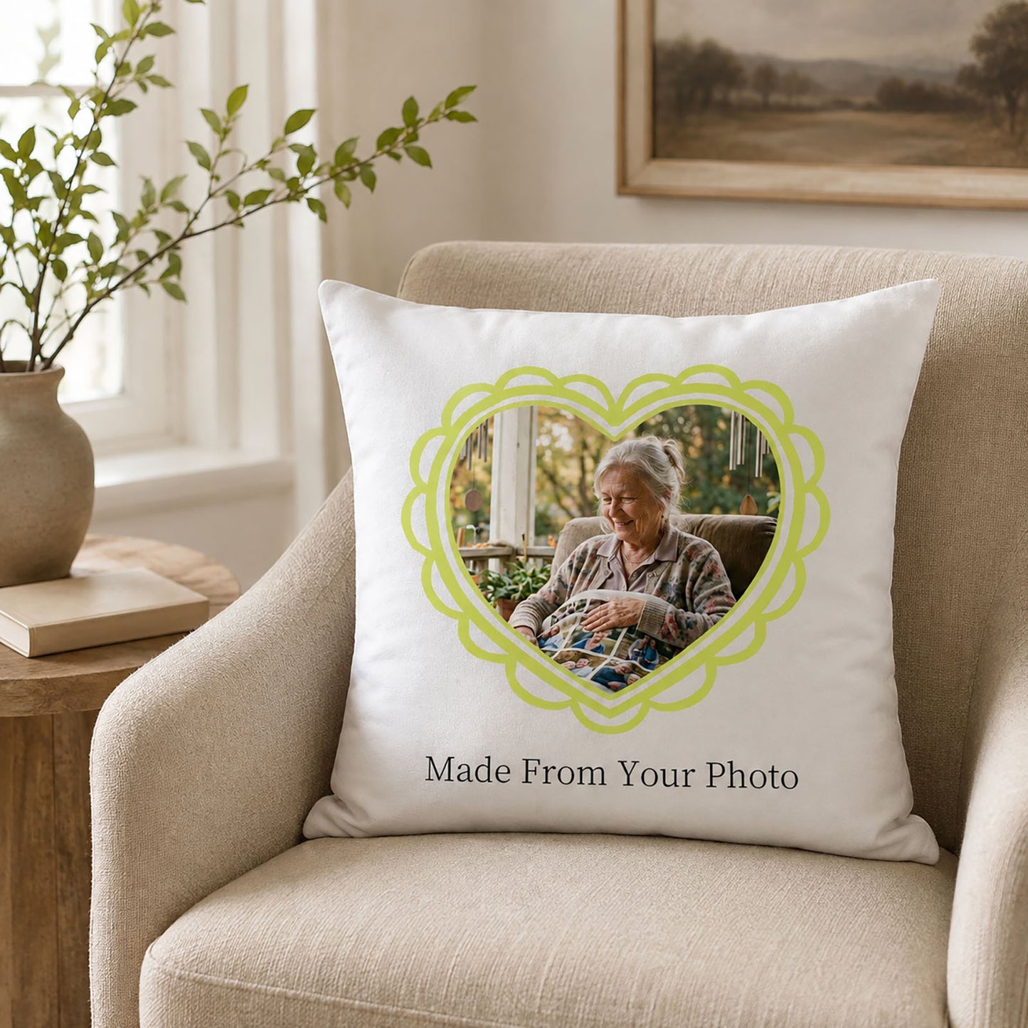 Personalized remembrance photo pillow cover displayed on a neutral armchair as a meaningful custom home keepsake