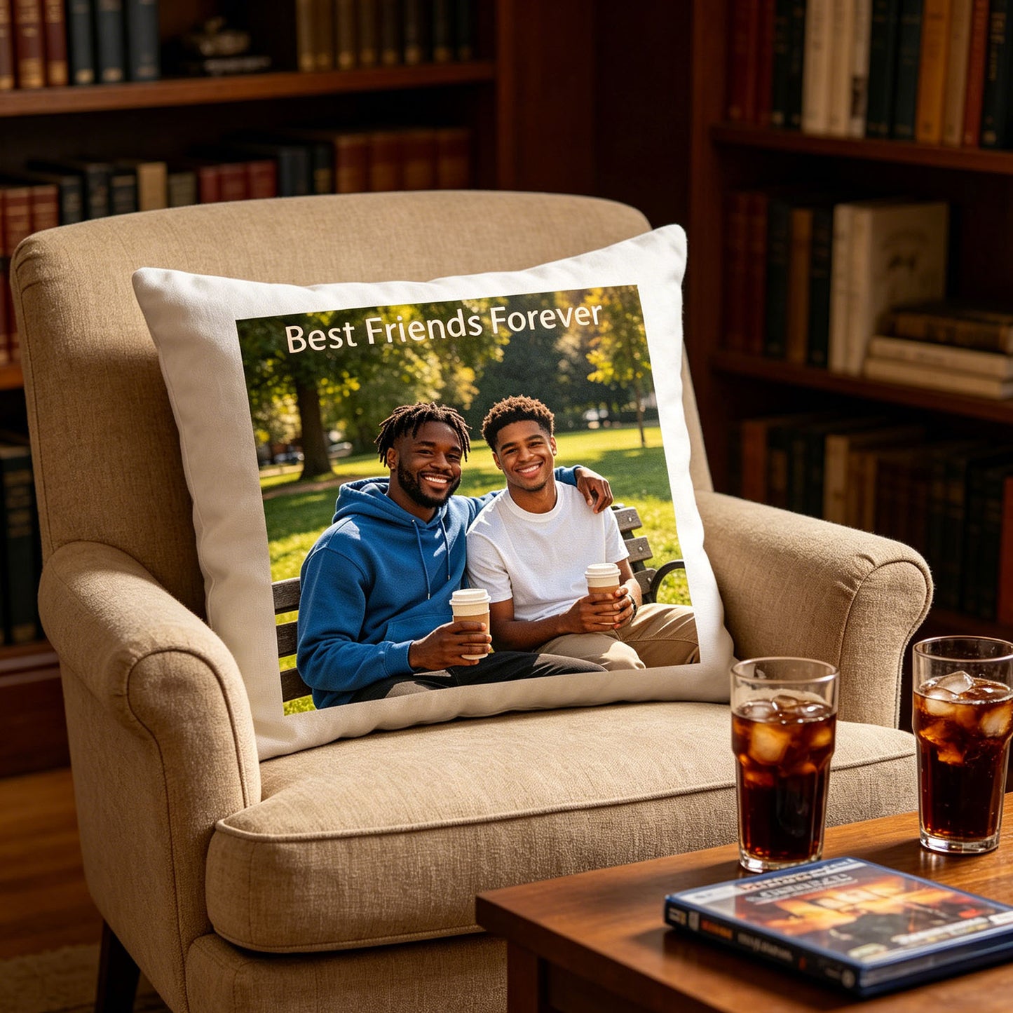 Custom best friends photo pillow resting on a classic armchair in a sunlit home library, with iced cola and a movie DVD on the table. A cozy, nostalgic touch perfect for movie nights or quiet evenings with friends.