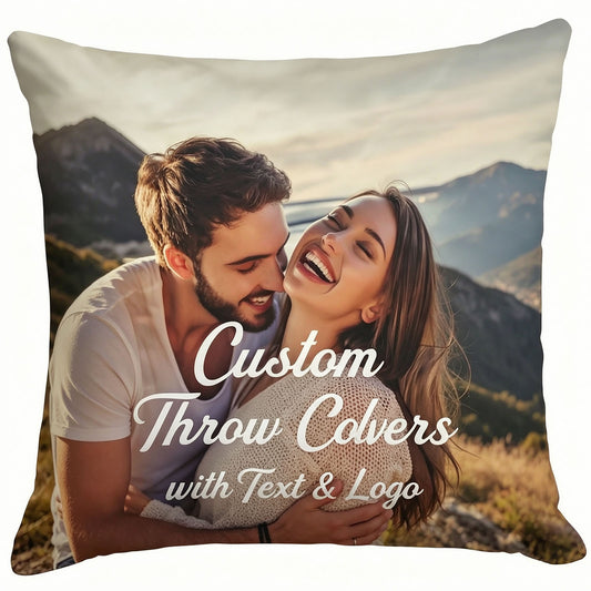 Custom personalized mountain couple photo throw pillow with custom editable text & logo printing service, bespoke wedding anniversary memory cushion, upload your own romantic photo for unique home decor keepsake.