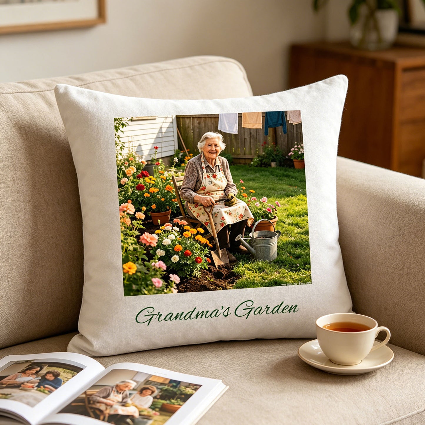 Custom Grandma's Garden photo pillow placed on a cozy living room sofa, with a teacup and open family photo album on the side table. A warm, comforting scene perfect for reminiscing about Grandma’s garden stories.