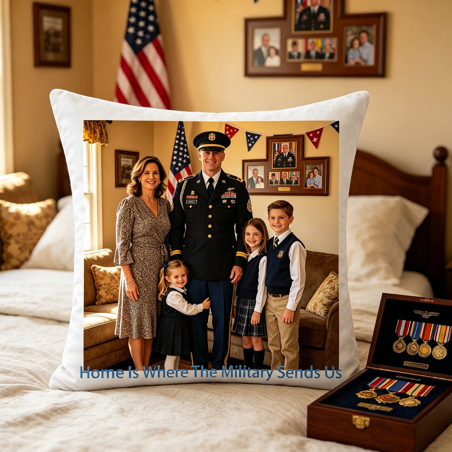 Custom military family keepsake pillow placed on a plush bedroom bed, next to a display box of military medals. A proud, sentimental touch for the master bedroom, honoring your service member’s achievements and family bond.