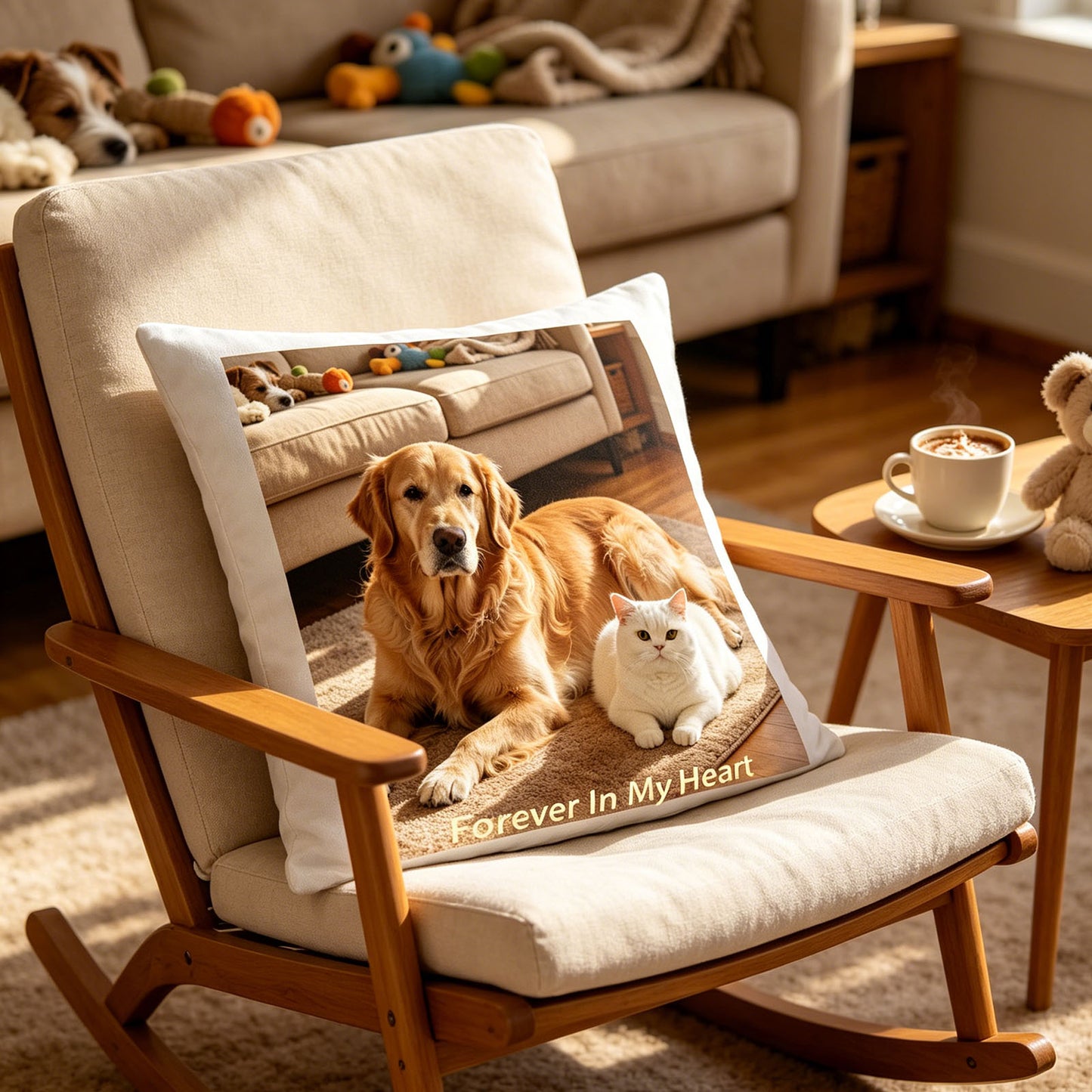 Custom pet photo pillow placed on a classic wooden rocking chair in a cozy reading nook, with a hot coffee mug and stuffed teddy bear on the side table. A warm, comforting touch perfect for quiet evenings reminiscing about a beloved pet.