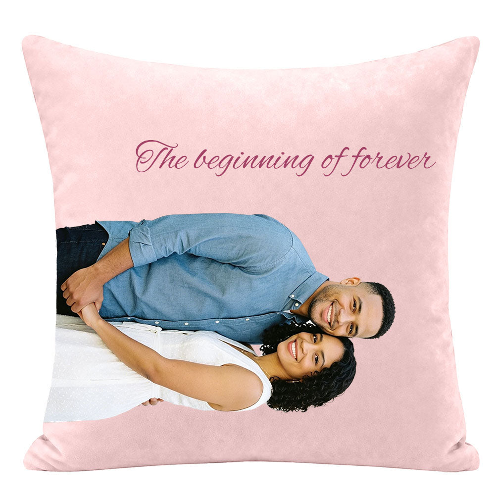Custom wedding photo pillow with "The beginning of forever" text, personalized newlywed keepsake pillow, romantic couple portrait throw pillow, premium custom wedding decor for couples