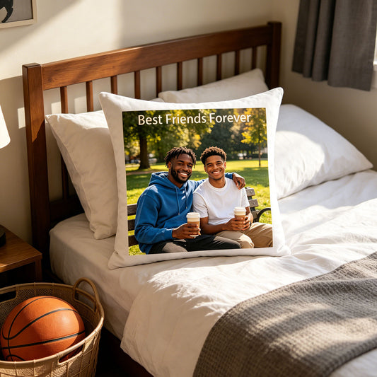 Custom best friends keepsake pillow resting on a sunlit bedroom bed, with a basketball nearby. A casual, nostalgic scene showing the pillow as a cozy reminder of friendship in a teen or young adult’s room.