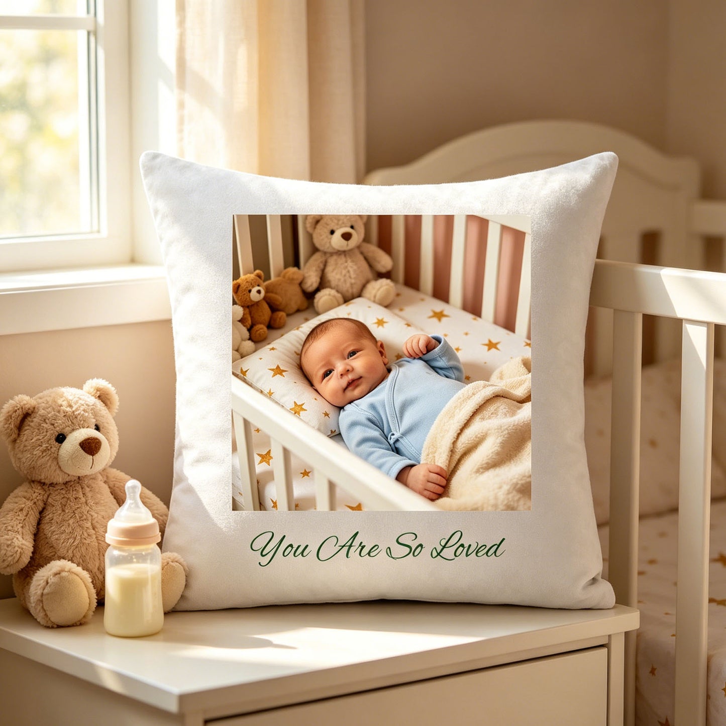 Custom newborn keepsake pillow resting on a white nursery nightstand, next to a plush teddy bear and baby bottle. A cozy, familiar touch showing the pillow as part of the baby’s daily nursery routine.
