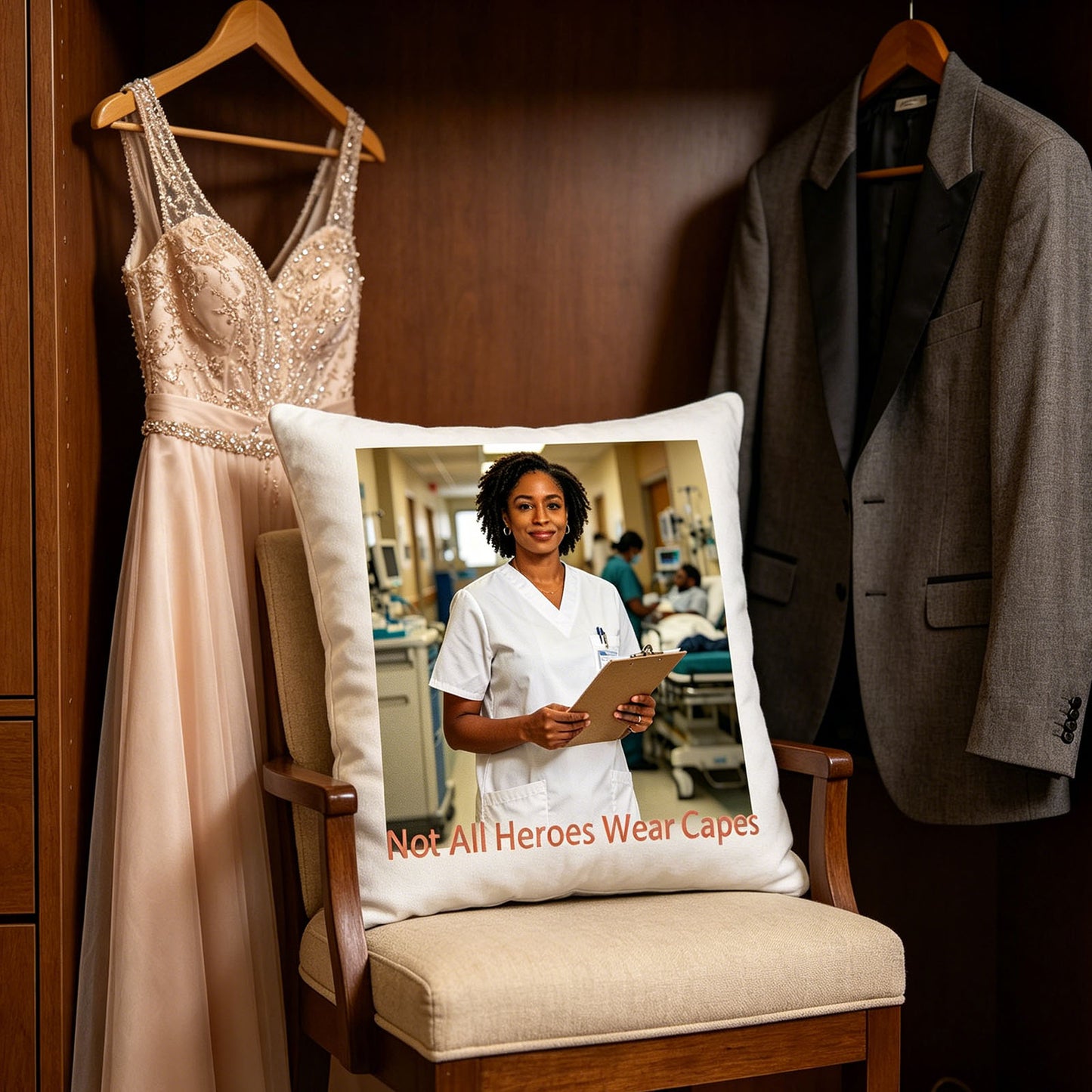 Custom healthcare worker keepsake pillow placed on a chair in a bedroom closet, between a formal gown and suit. A sentimental touch celebrating the balance between a medical professional’s work and personal life.