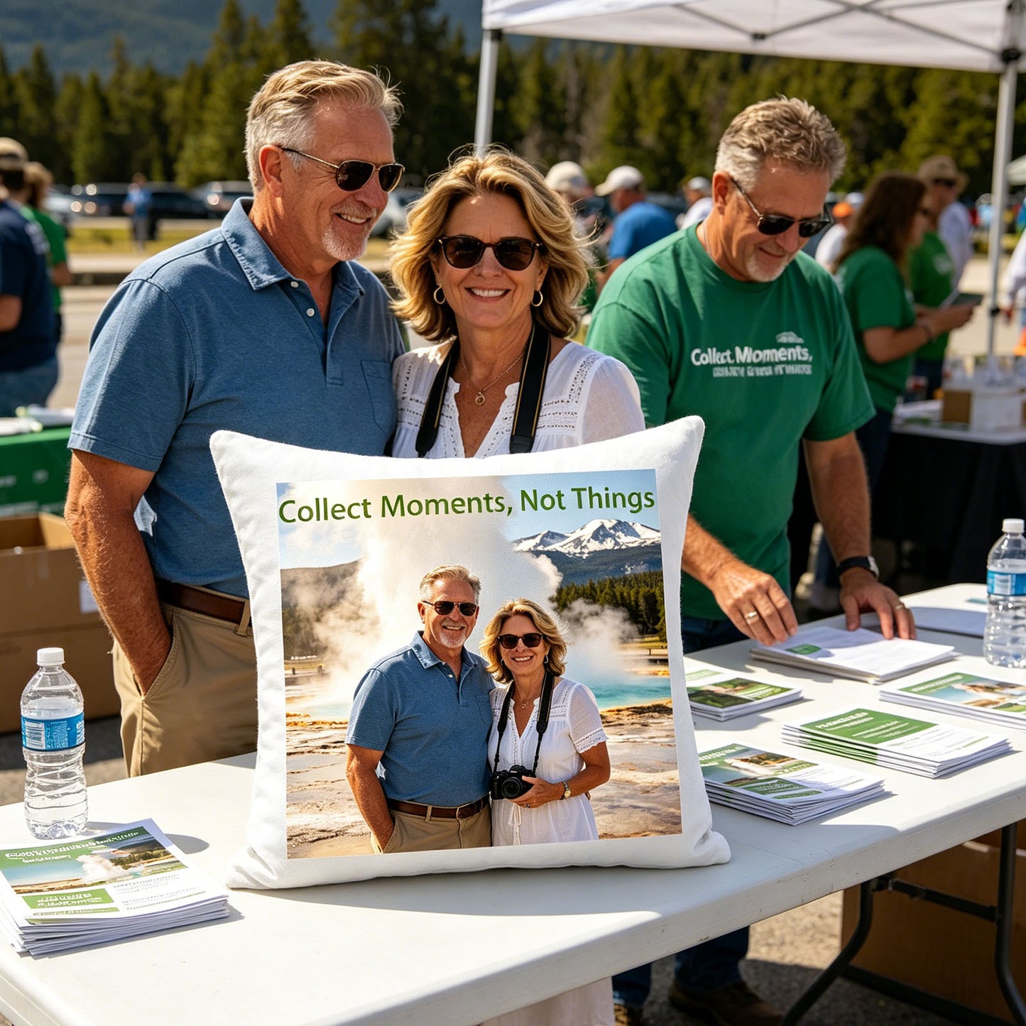 Custom travel keepsake pillow resting on an outdoor community event table, surrounded by travel brochures and water bottles. A proud, meaningful touch celebrating the love of travel and adventure in public spaces.