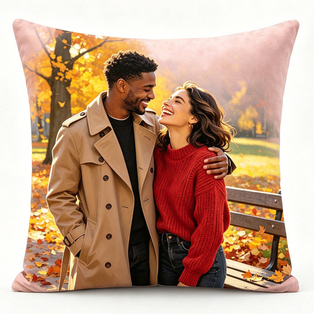 Romantic couple portrait pillow, oil painting style diverse couple in autumn park, inclusive love decor