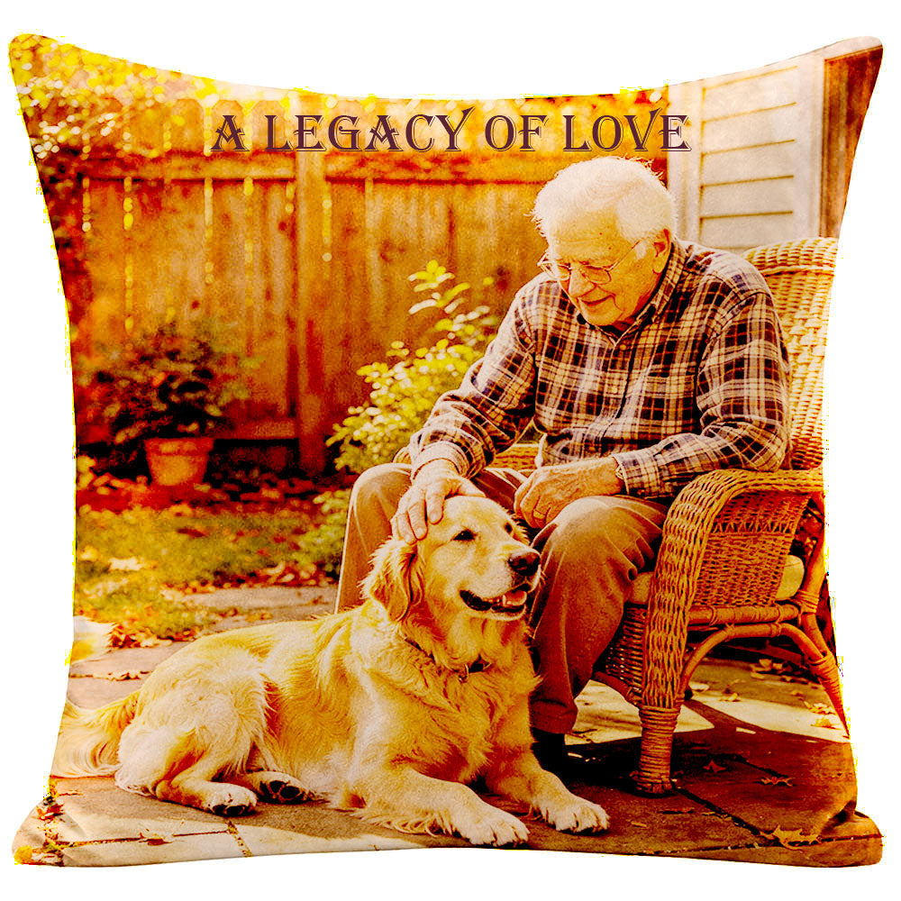 :Vintage-toned memorial pillow with a photo of an elderly man sitting with his golden retriever dog, printed with "A Legacy of Love", sympathy keepsake for remembering a loved one with their pet, soft cream fabric throw pillow.