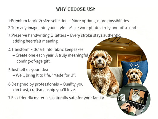Why choose our custom pet pillows: premium fabric, personalized art styles, unlimited revisions, and professional design. Features a custom portrait of a dog named Buddy and a cat design preview.