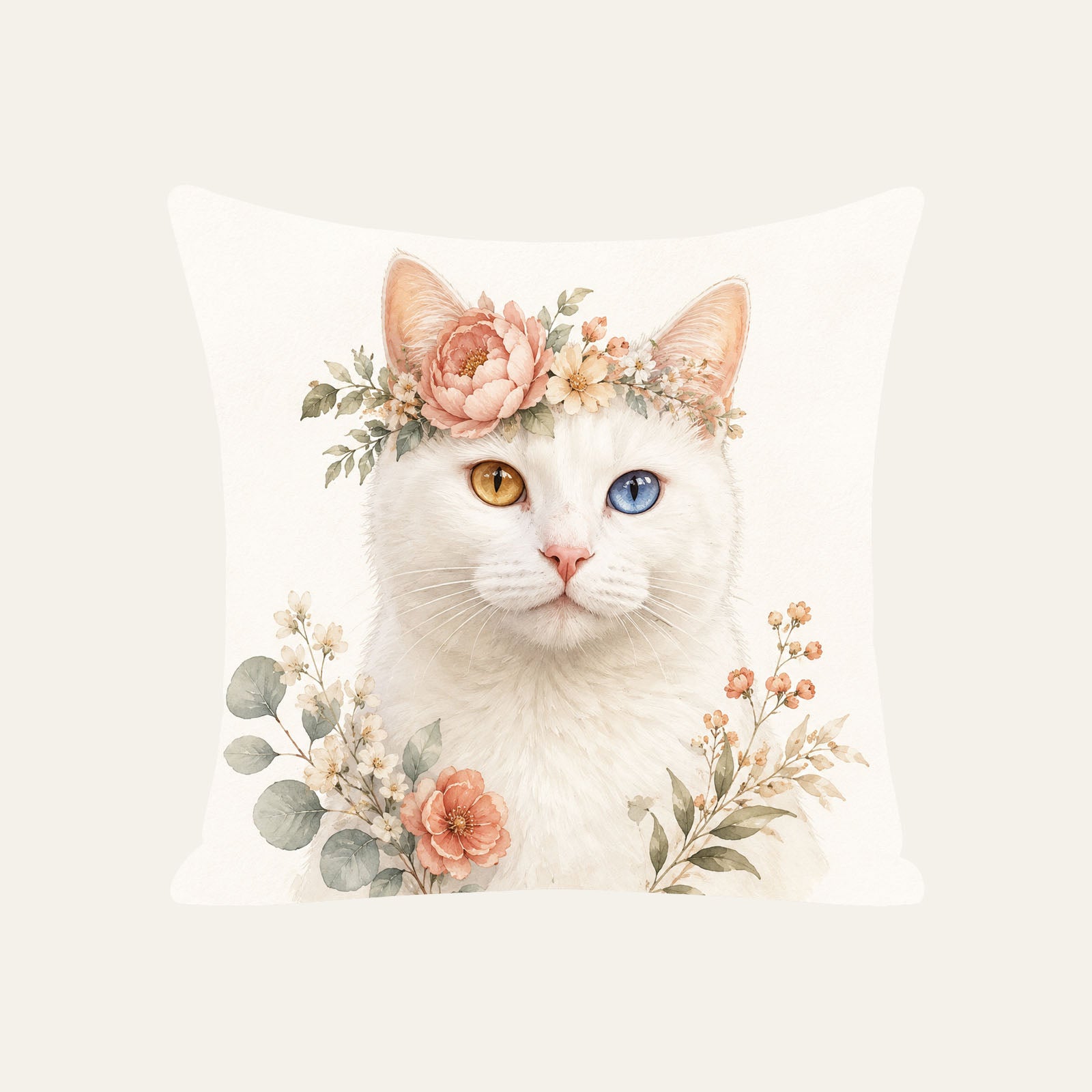 Custom boho floral cat portrait pillow cover featuring a white odd-eyed cat, personalized from a pet photo as a one-of-a-kind keepsake.