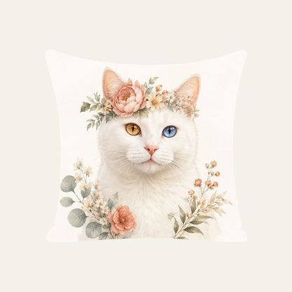 Custom boho floral cat portrait pillow cover featuring a white odd-eyed cat, personalized from a pet photo as a one-of-a-kind keepsake.