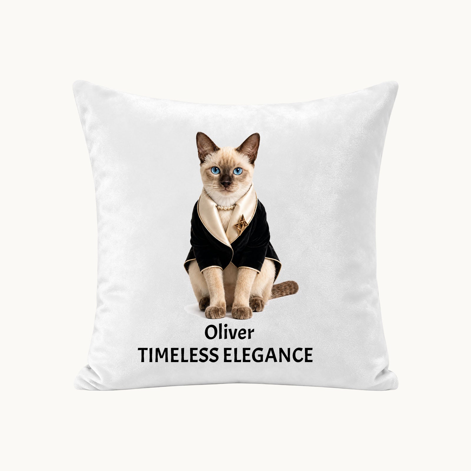 Custom fashion cat portrait pillow cover made from a pet photo, personalized with the cat’s name and a one-of-a-kind luxury portrait design.