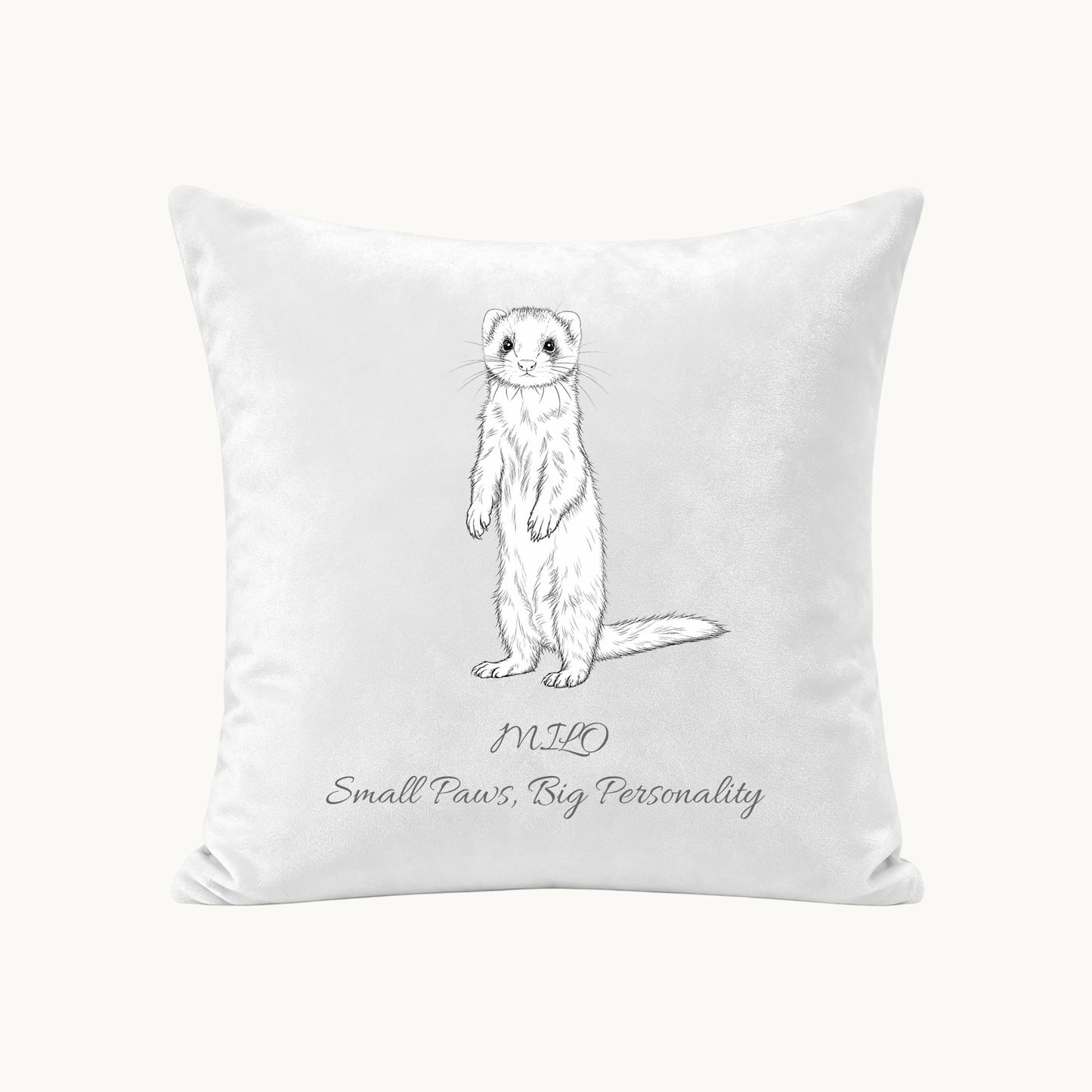 Custom ferret portrait pillow cover from photo with minimalist line art, personalized name and text on white fabric