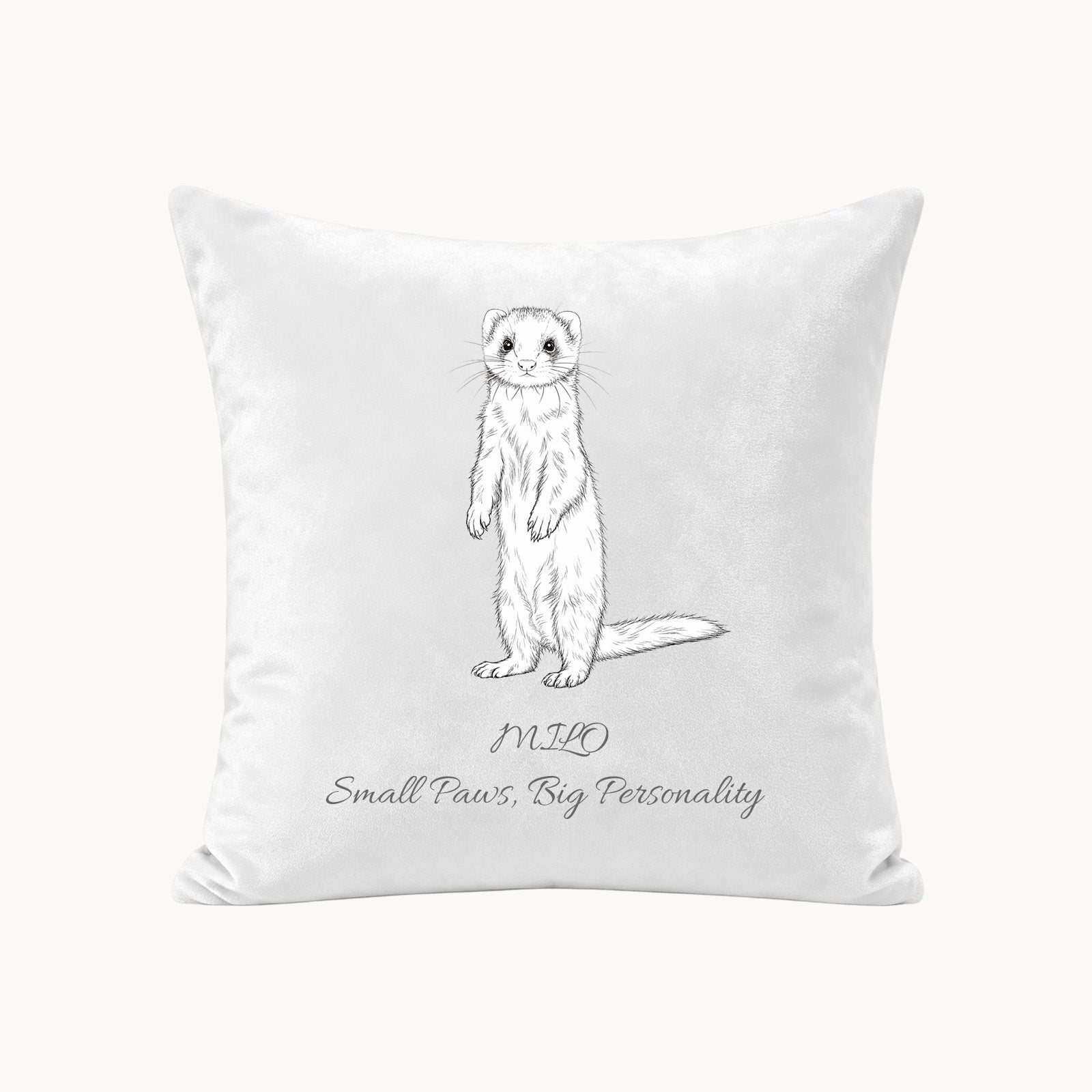 Custom ferret portrait pillow cover from photo with minimalist line art, personalized name and text on white fabric