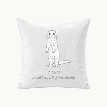 Custom ferret portrait pillow cover from photo with minimalist line art, personalized name and text on white fabric