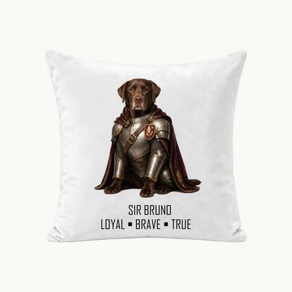 Custom medieval knight dog portrait pillow cover featuring a personalized chocolate Labrador, pet name and character motto