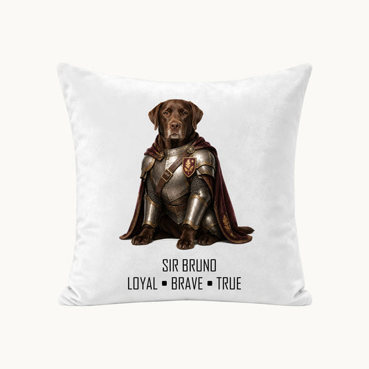Custom medieval knight dog portrait pillow cover featuring a personalized chocolate Labrador, pet name and character motto