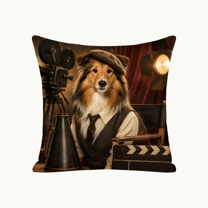 Custom retro cinema pet portrait pillow cover featuring a personalized Shetland Sheepdog director artwork, made to order from a photo.