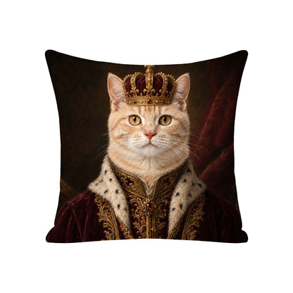 Custom royal cat portrait pillow cover with a jeweled crown and burgundy royal attire
