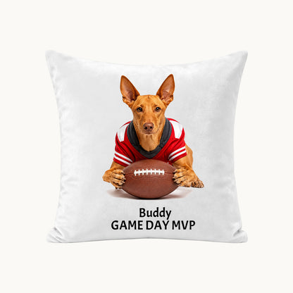 Custom sports pet portrait pillow cover made from a dog photo, personalized with the name Buddy and Game Day MVP football design.