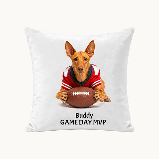 Custom sports pet portrait pillow cover made from a dog photo, personalized with the name Buddy and Game Day MVP football design.