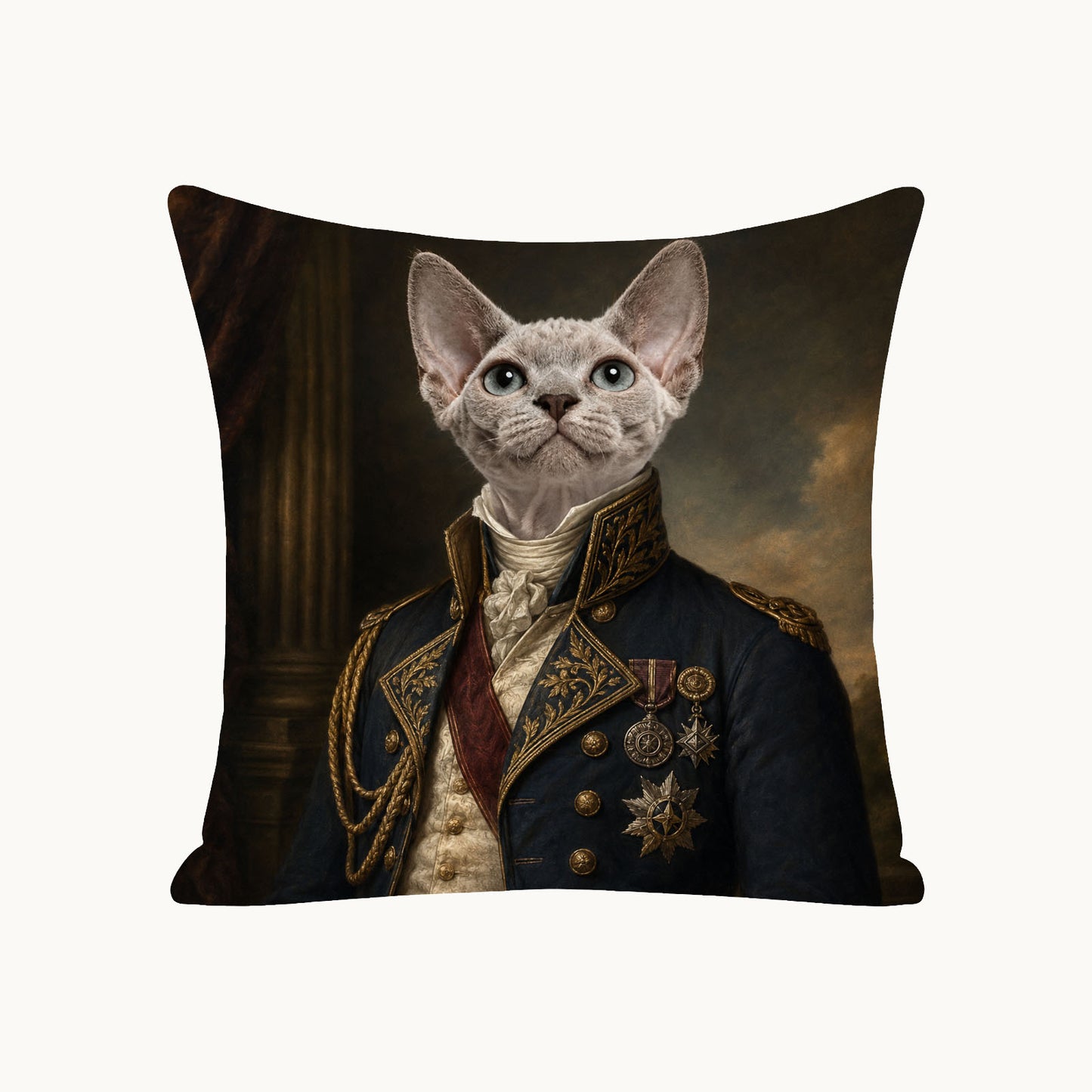 Custom Victorian military pet portrait pillow cover featuring a cat transformed from a photo into a one-of-a-kind vintage elite portrait