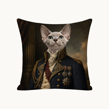 Custom Victorian military pet portrait pillow cover featuring a cat transformed from a photo into a one-of-a-kind vintage elite portrait