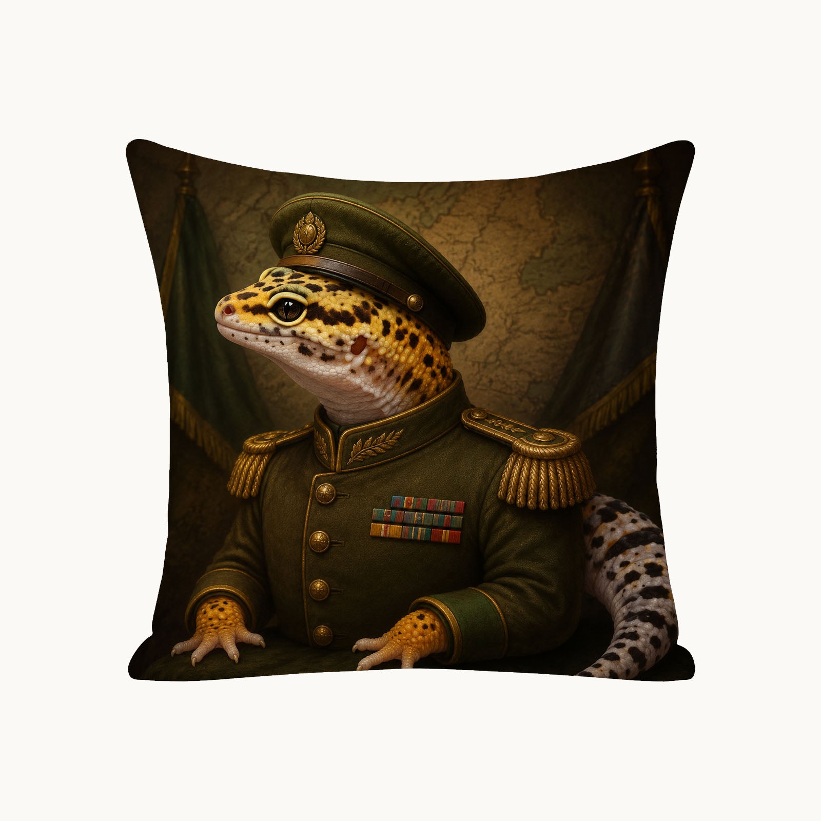 HarmengDen custom leopard gecko military portrait pillow cover created from a pet photo, personalized reptile keepsake, cover only