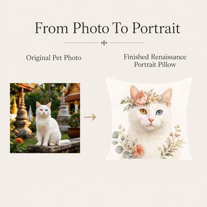 Before-and-after transformation showing an uploaded white cat photo turned into a made-to-order boho floral cat portrait pillow cover.