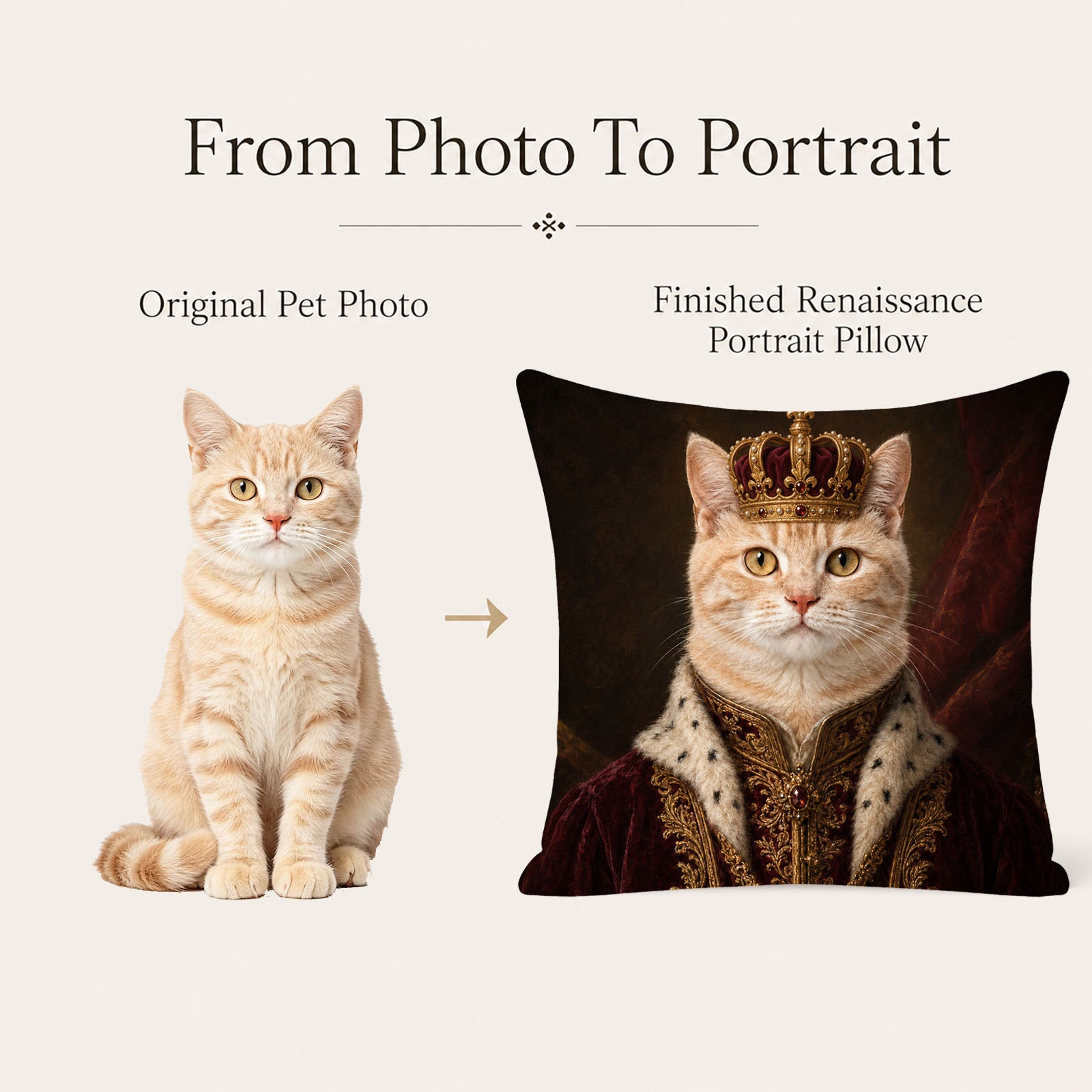 Orange cat photo transformed into a custom royal portrait pillow cover
