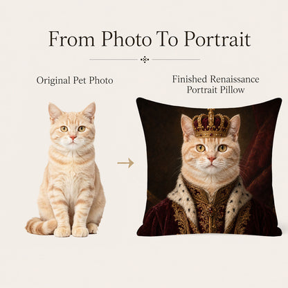 Orange cat photo transformed into a custom royal portrait pillow cover
