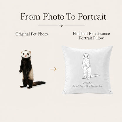 Ferret photo transformed into a custom minimalist line art portrait pillow cover with personalized name and message