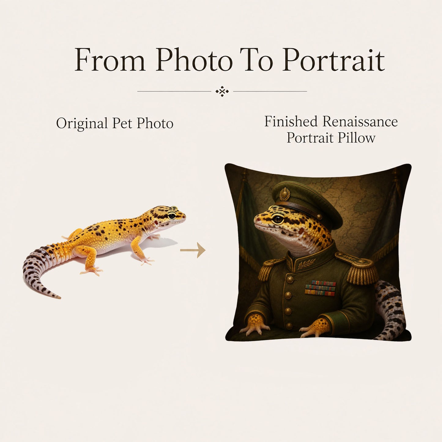 Before and after transformation of a leopard gecko photo into a custom military portrait pillow cover by HarmengDen