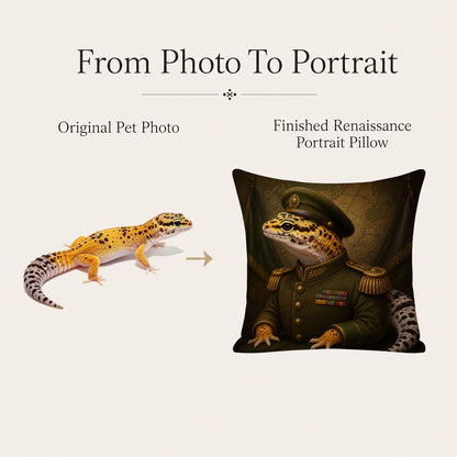 Before and after transformation of a leopard gecko photo into a custom military portrait pillow cover by HarmengDen