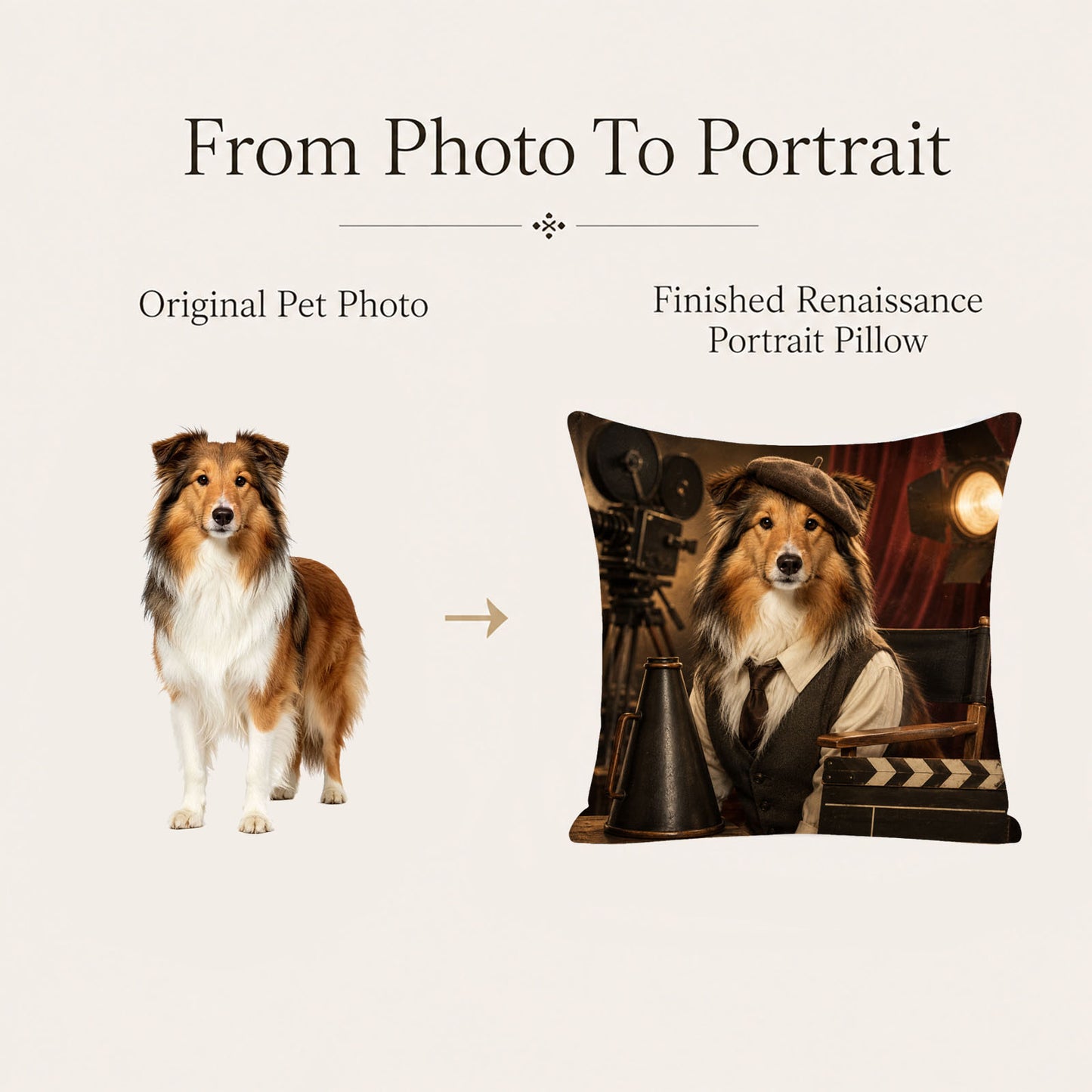 Original pet photo transformed into a one-of-a-kind retro cinema pet portrait pillow cover with professionally designed artwork.