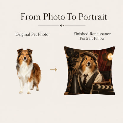 Original pet photo transformed into a one-of-a-kind retro cinema pet portrait pillow cover with professionally designed artwork.