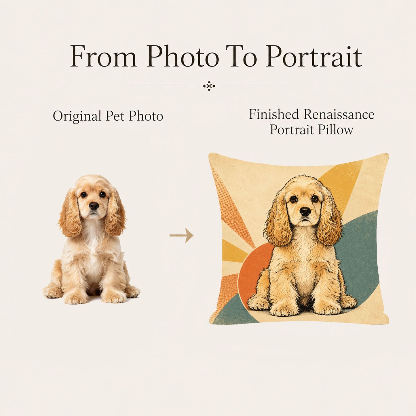 Original dog photo transformed into a one-of-a-kind vintage comic pet portrait pillow cover with professionally designed line art