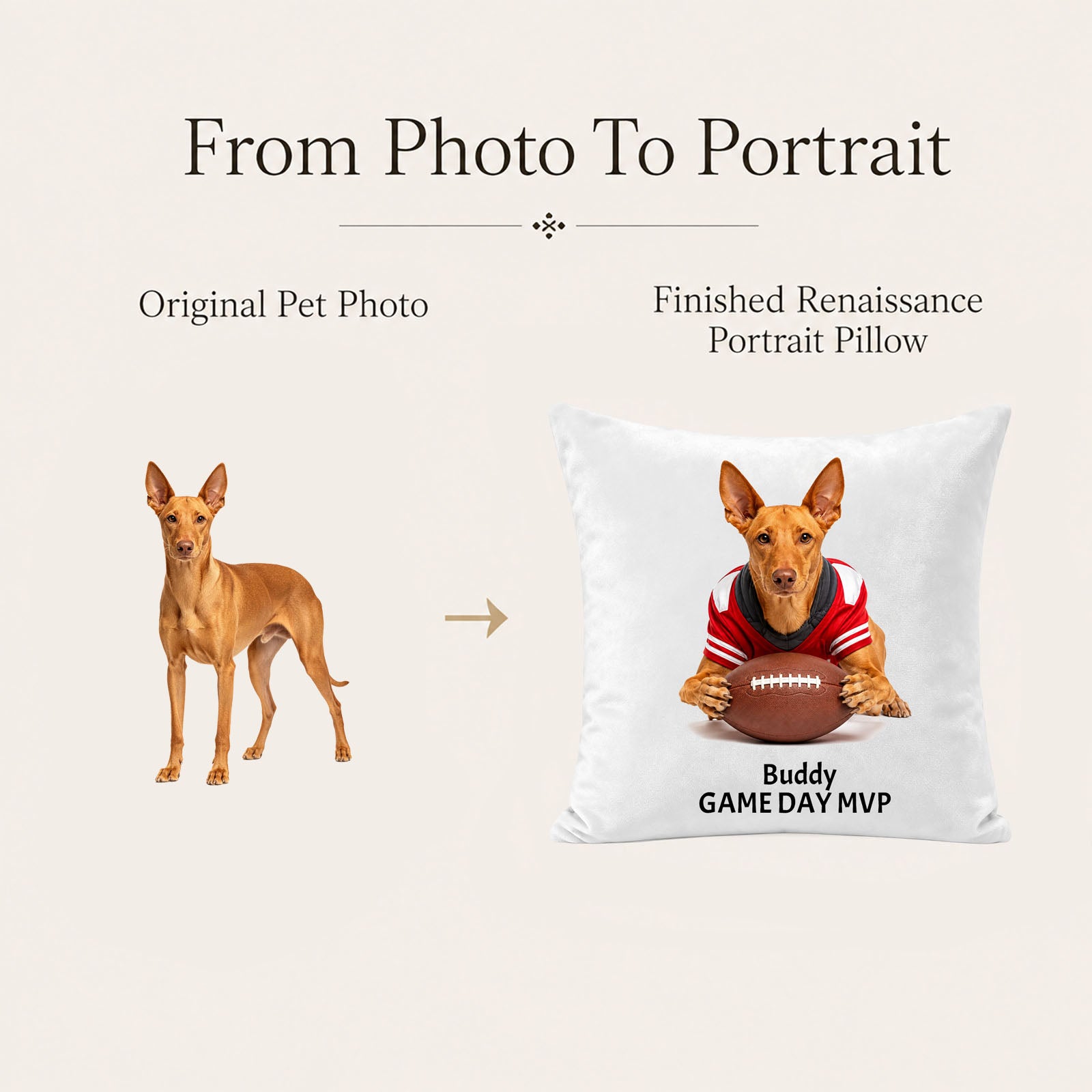 Original dog photo transformed into a personalized football pet portrait pillow cover, made to order as a one-of-a-kind keepsake.