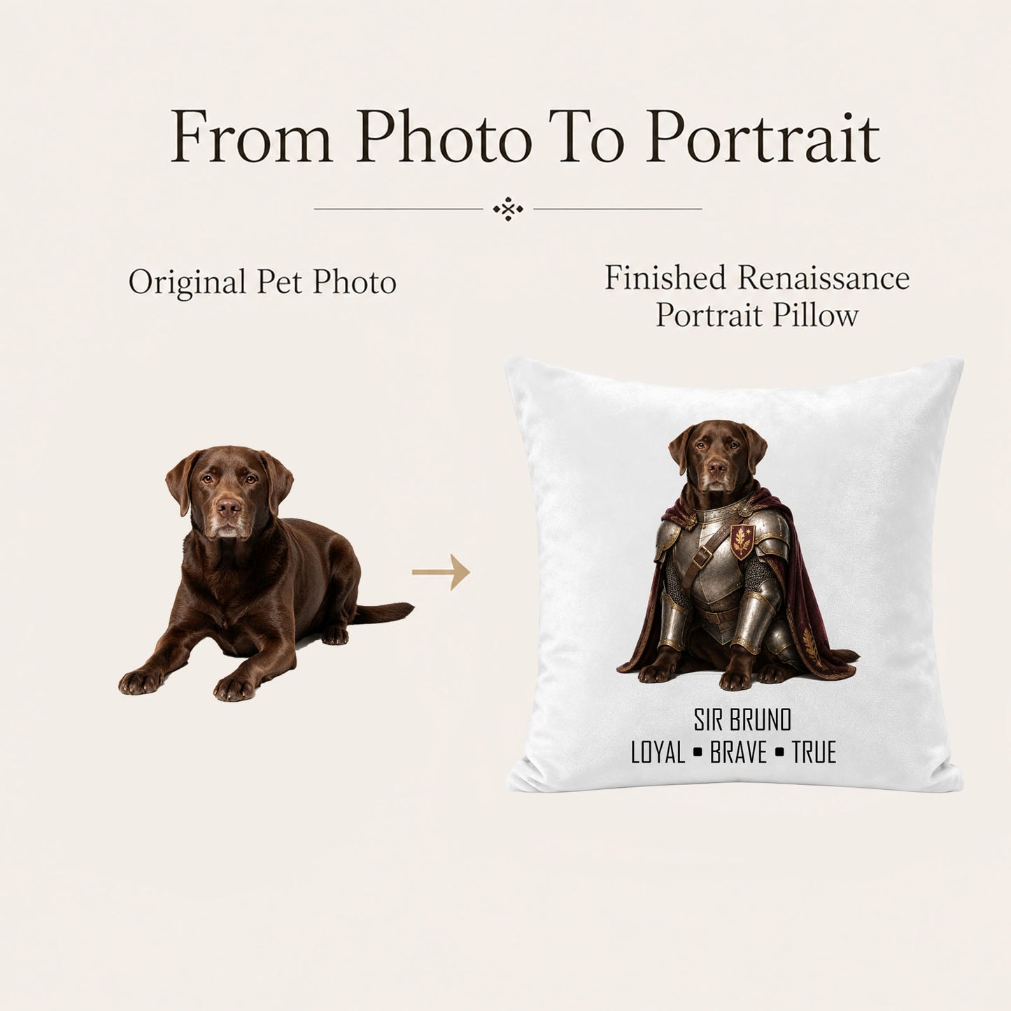Pet photo transformed into a personalized medieval knight portrait pillow cover, made to order from the customer’s dog picture