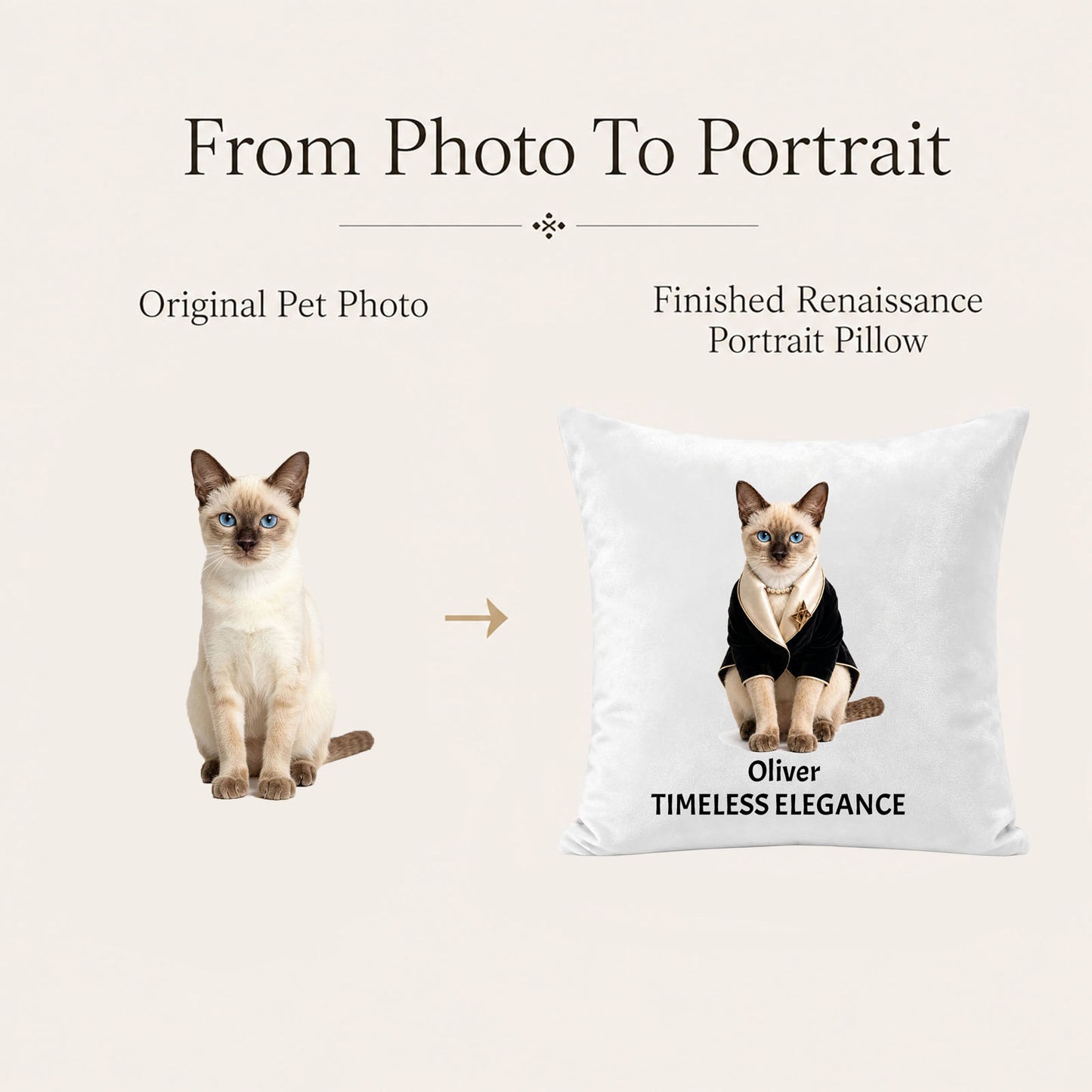 Original cat photo transformed into a personalized luxury pet portrait pillow cover with custom name, professionally designed artwork and elegant styling.