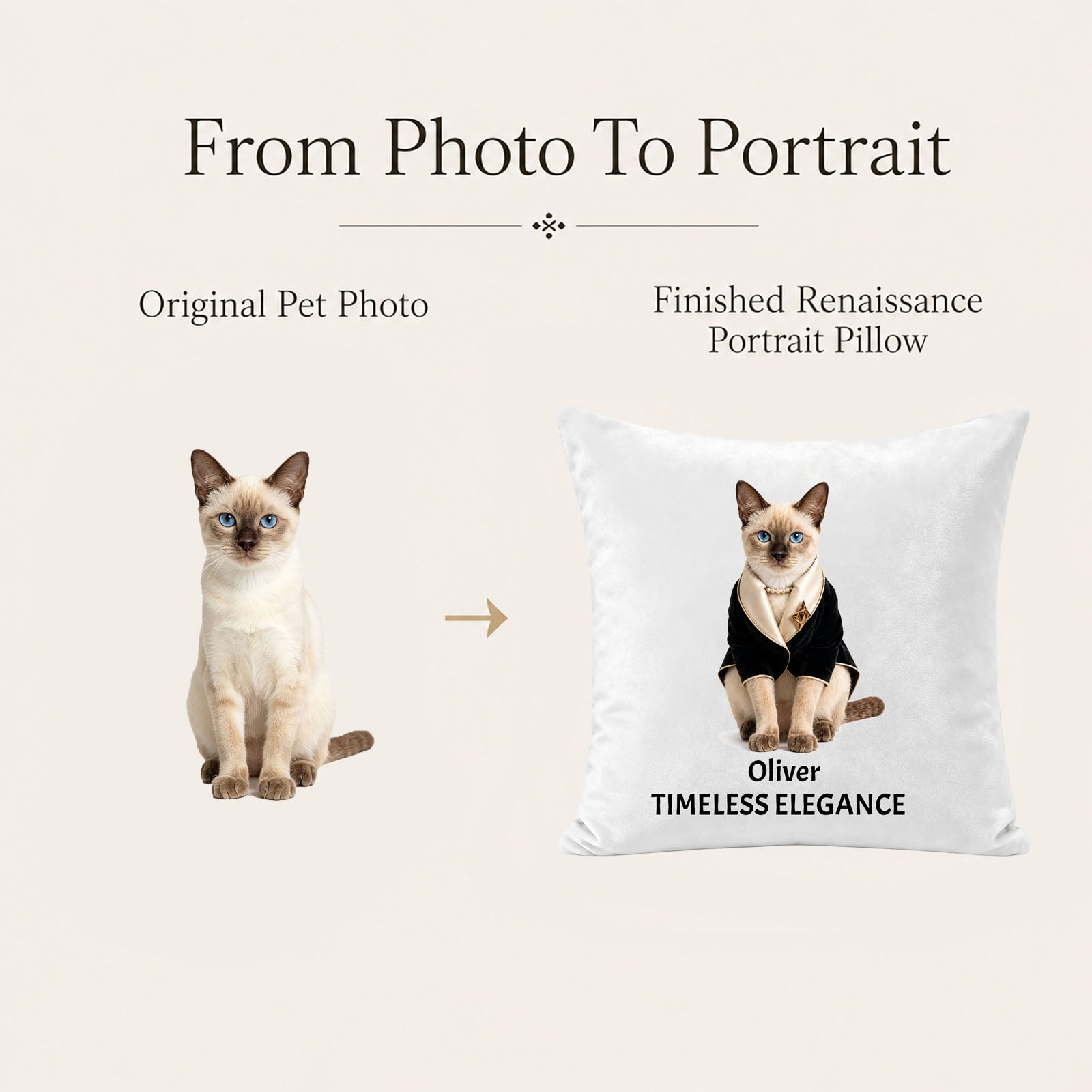 Original cat photo transformed into a personalized luxury pet portrait pillow cover with custom name, professionally designed artwork and elegant styling.