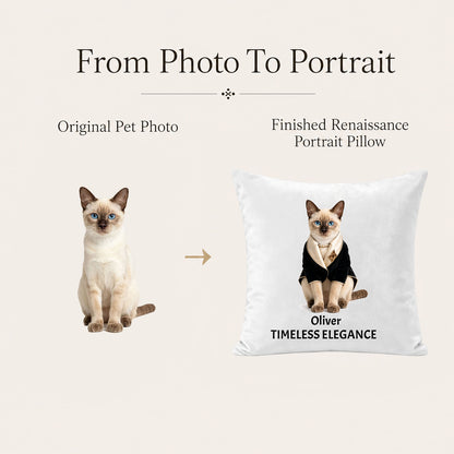 Original cat photo transformed into a personalized luxury pet portrait pillow cover with custom name, professionally designed artwork and elegant styling.